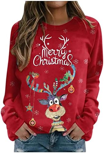 Merry Christmas kadın Kazak Tops 2022 Moda Elk Baskı T - Shirt Uzun Kollu Yuvarlak Boyun Casual Tunik Tee Bluz