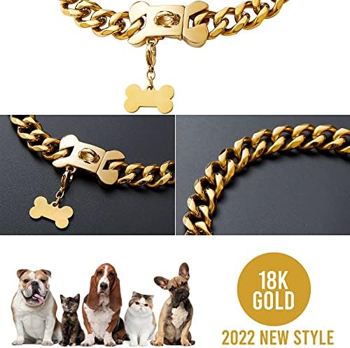 Altın Zincir köpek tasması 15mm 18K Altın Küba Bağlantı köpek tasması Güvenli Yapış Toka ile Altın Köpek Zinciri Metal