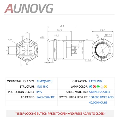 AUNOVG 22mm Mandallama basmalı düğme anahtarı 12 V led ışık Metal Su Geçirmez 12 Volt 7/8Montaj Deliği için güç Anahtarını