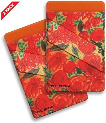 Alban Kredi kart tutucu Sopa cep telefonu cüzdanı RFID Engelleme Parmak Kayışı ile 2 Paket (Turuncu Çiçek)