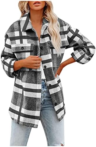 AIHOU Ekose Ceketler Kadınlar için Moda, kadın Rahat Yün Karışımı Ekose Yaka Düğmesi Uzun Kollu Shacket Ceket Kışlık