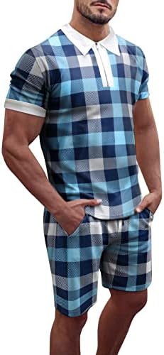 2023 Yeni erkek Yaz 2 Parça Ekose Baskılı Kısa Kollu Gömlek ve Şort pantolon Setleri Cepler ile Fit