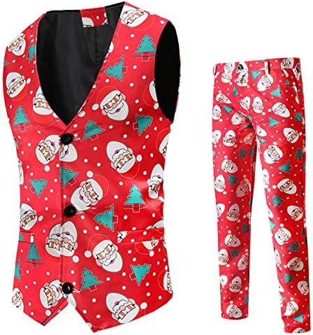 WOCACHİ 2 ADET Noel Takım Elbise Mens için, Noel Noel Baba Kardan Adam Baskı Tek Göğüslü Yelek Pantolon Takım Elbise