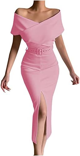 Kokteyl Elbiseleri Kadınlar için 2023 Moda Kısa Kollu Kapalı Omuz Kemer Bel Bölünmüş Maxi Akşam kalem elbise