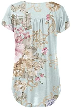 Yaz Bayan Düşük Boyun Kısa Kollu Üstleri Çiçek baskılı tişört Toka ile Plise Casual Slim Tee Bluz Genç Kız için