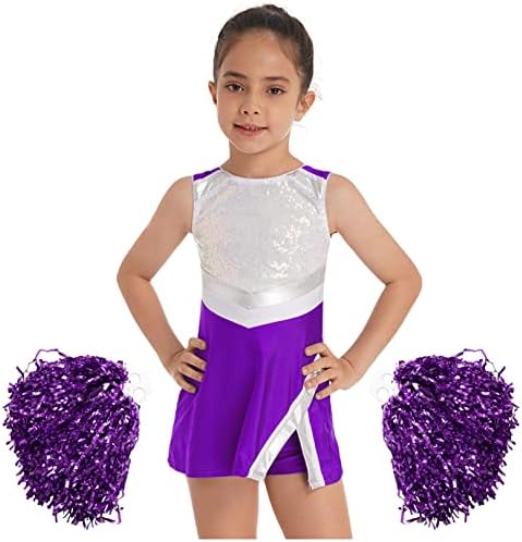 JEATHA Çocuk Kız Amigo Kıyafetler Parlak Pullu Tezahürat Lideri Dans Elbise Şort ve Eşleşen Pom-poms