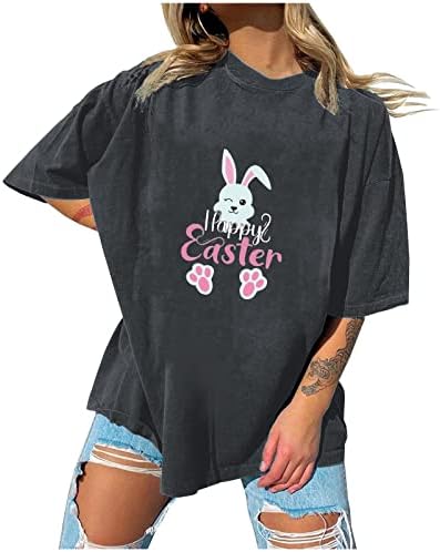 Mutlu Paskalya Gömlek Kadınlar için Sevimli Tavşan Mektup baskılı tişört Yuvarlak Boyun Yarım Kollu Büyük Boy Tişörtleri