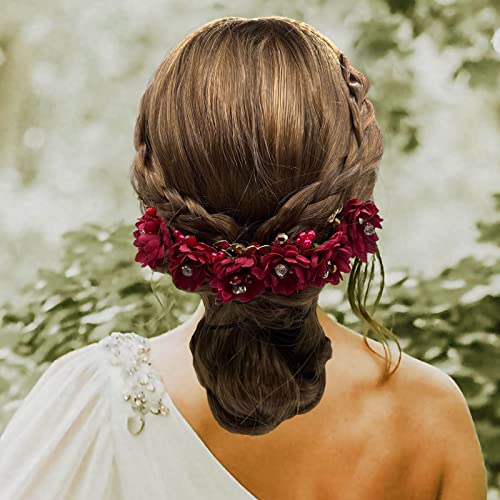 QUEOUNR Çiçek Düğün Saç Tarak, 3 ADET Gelin Çiçek Saç Klipleri ve 6 ADET Kırmızı Çiçek Saç Klipleri, H11 ve H34